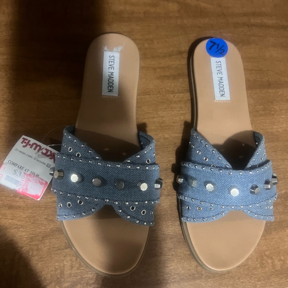 Steve Madden Blue and Tan Studded Sandals